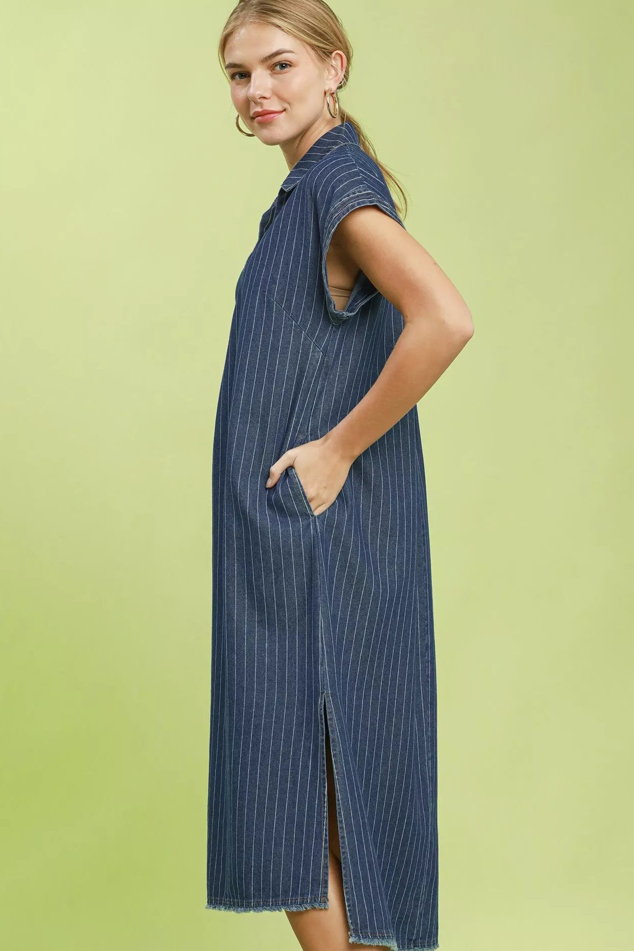 Umgee Pinstripe Denim Collared Midi Dress with Side Slits - Dark Denim