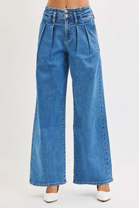 Risen High Rise Pleated Wide Leg Jeans