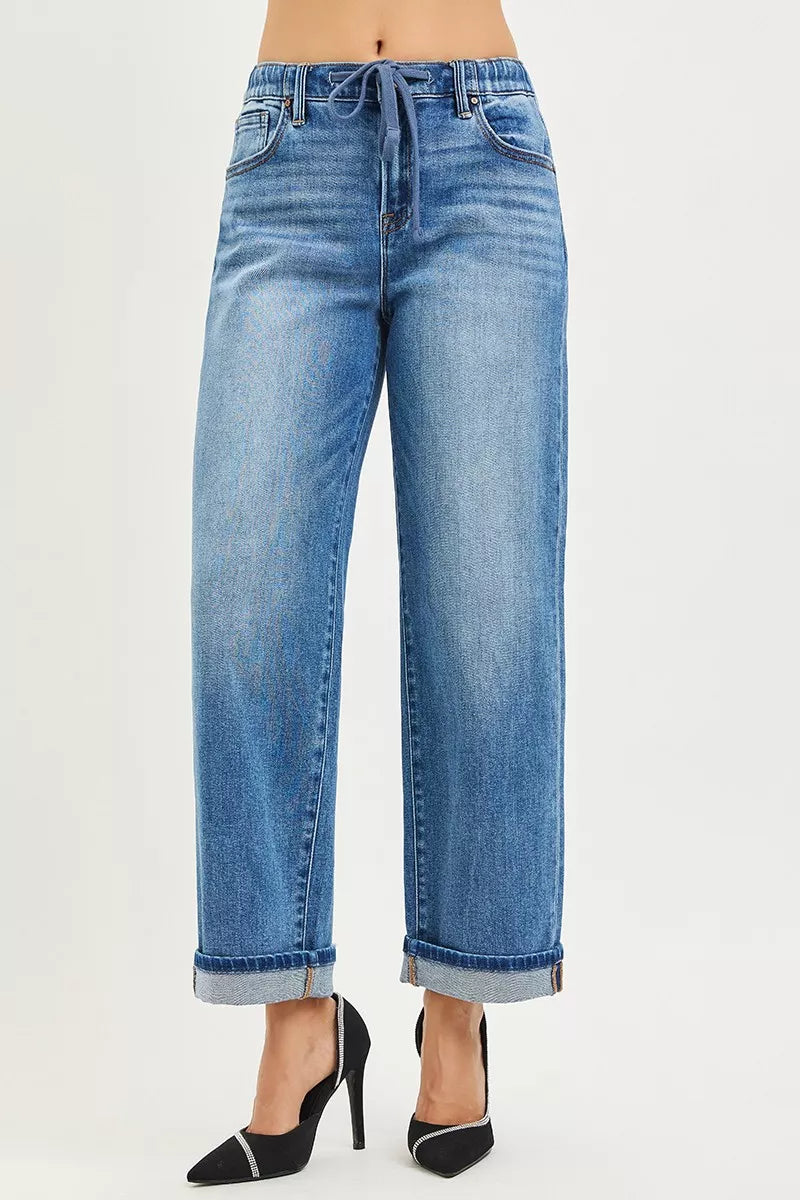 Risen Mid Rise Slouchy Drawstring Waist Boyfriend Jeans