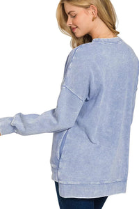 Acid Washed Double Ribbed Hi-low Pullover Sweatshirt in Marlin Blue
