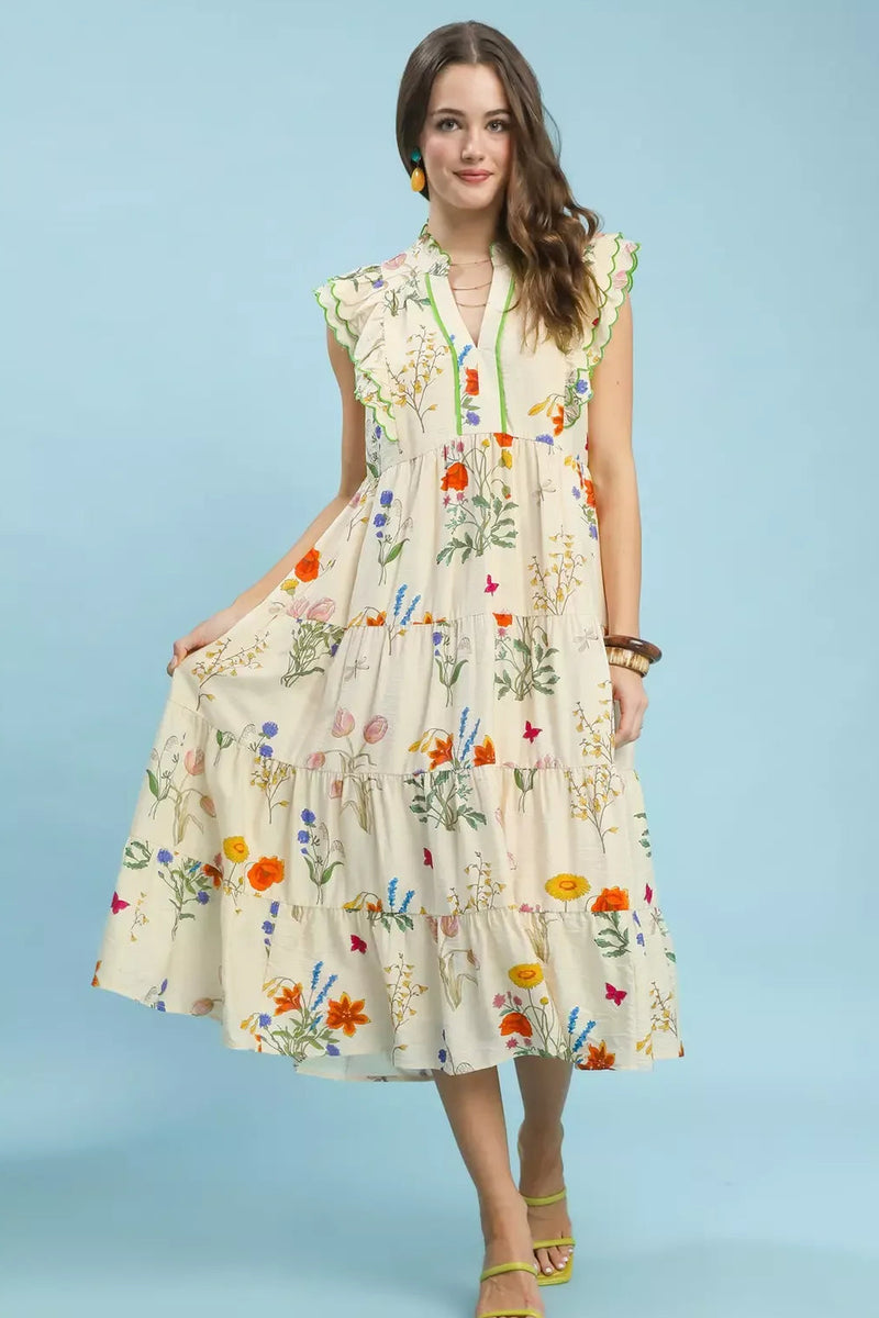 Floral Scalloped Detail Ruffle Tiered Midi Dress