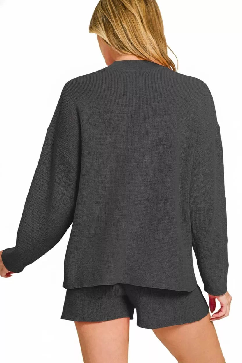 Sweater Knit Top and Shorts Set in Black