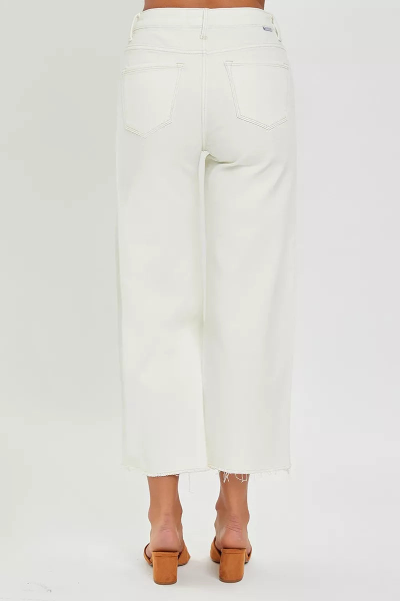 Risen Tummy Control High Rise Cream Wide Leg Jeans