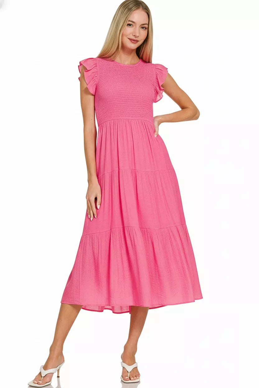 Zenana Woven Smocked Ruffle Sleeve Midi Dress in Fuchsia