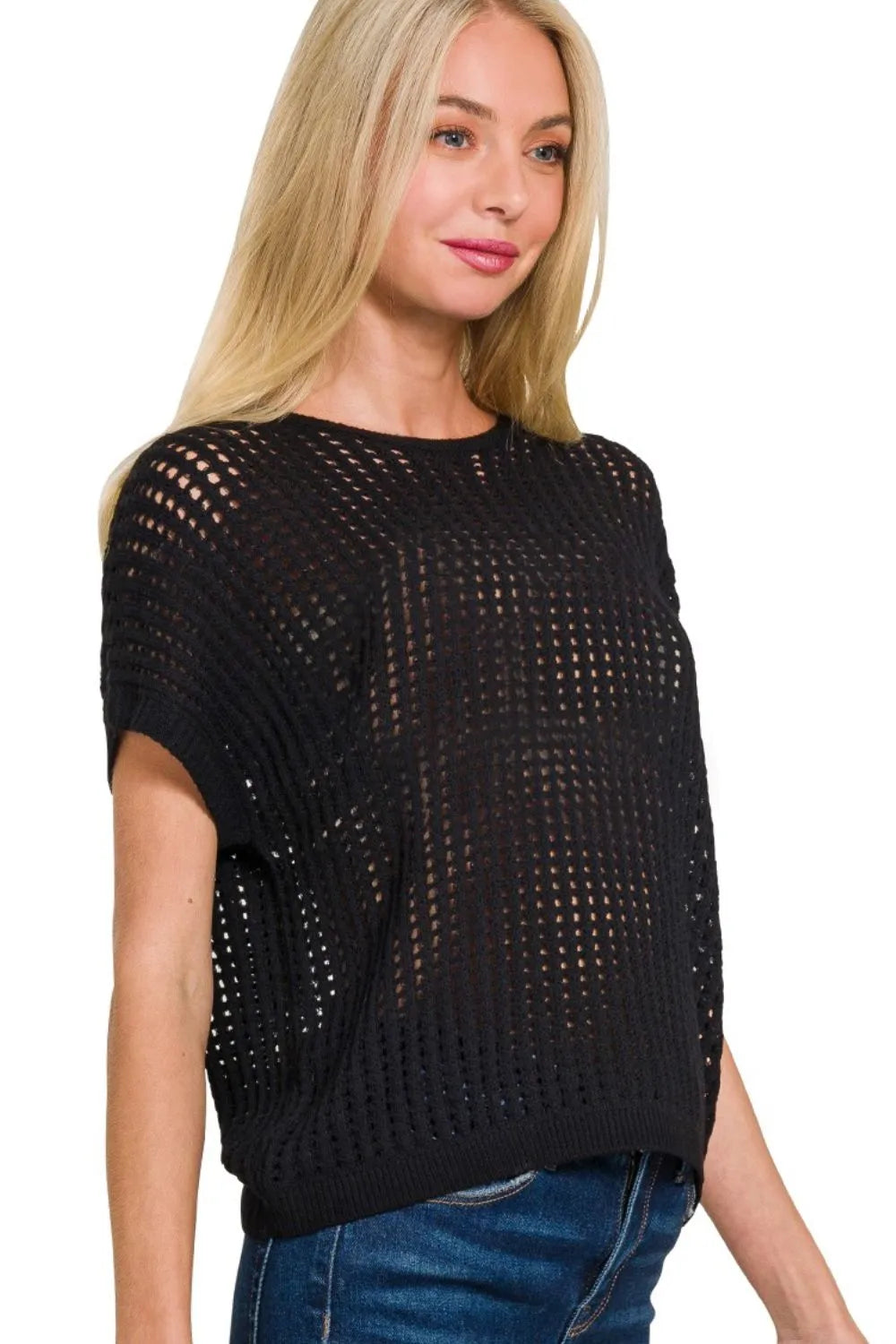 Zenana Crochet Knit Sheer Hollow Sweater