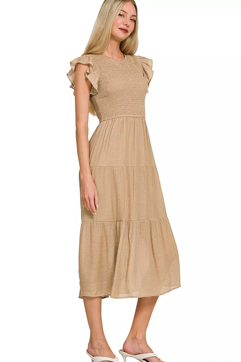 Zenana Woven Smocked Ruffle Sleeve Midi Dress in Light Mocha