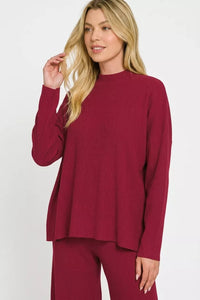 Zenana Viscose Sweater Knit Top & Pants Two-Piece Set in Cabernet