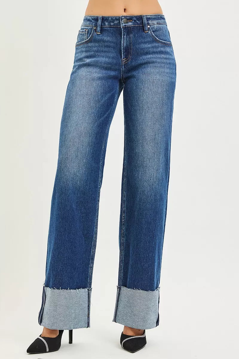 Risen Mid Rise Straight Wide Cuff Jeans