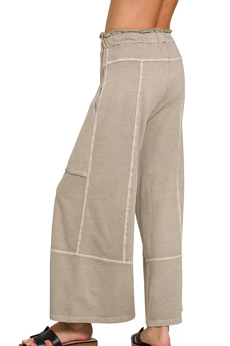 Zenana French Terry Washed Exposed Seam Wide Leg Pants in Ash Mocha