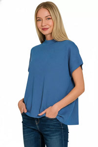 Zenana Viscose Mock Neck Short Sleeve Boxy Sweater Knit Top in Classic Blue