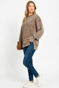 Zenana Acid Washed Double Ribbed Exposed Seam Sweatshirt in Brown
