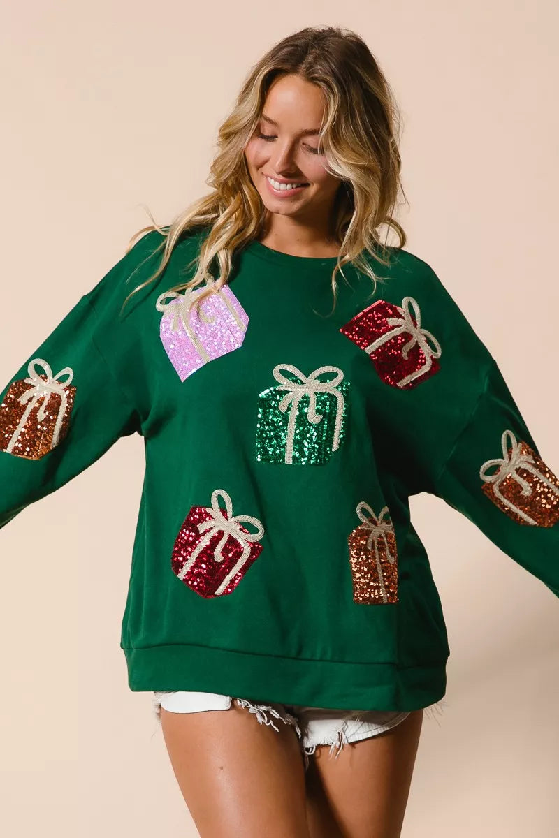 Sequin Christmas Presents Embroidered Pullover