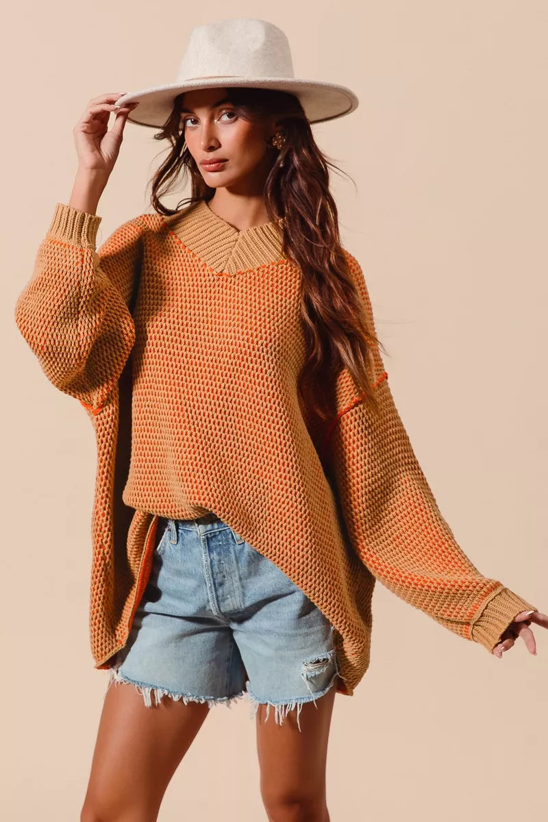 So Me Oversized Two Tone Textured V-Neck Sweater