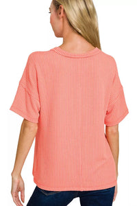 Zenana Raised Rib Short Sleeve Front Pocket Tee in Coral