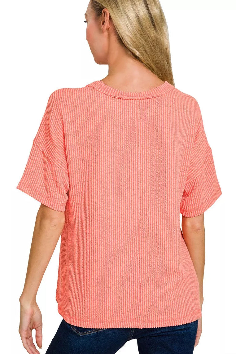 Zenana Raised Rib Short Sleeve Front Pocket Tee in Coral