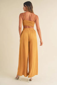 Mable Smocked Bralette Crop Top and Wide Leg Pants Set in Gold Mustard