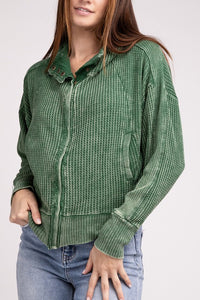Acid Wash Cotton Waffle Knit Zip-Up Jacket Style Hoodie