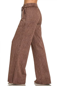 Zenana Exposed Seam French Terry Wide Leg Sweatpants in Brown
