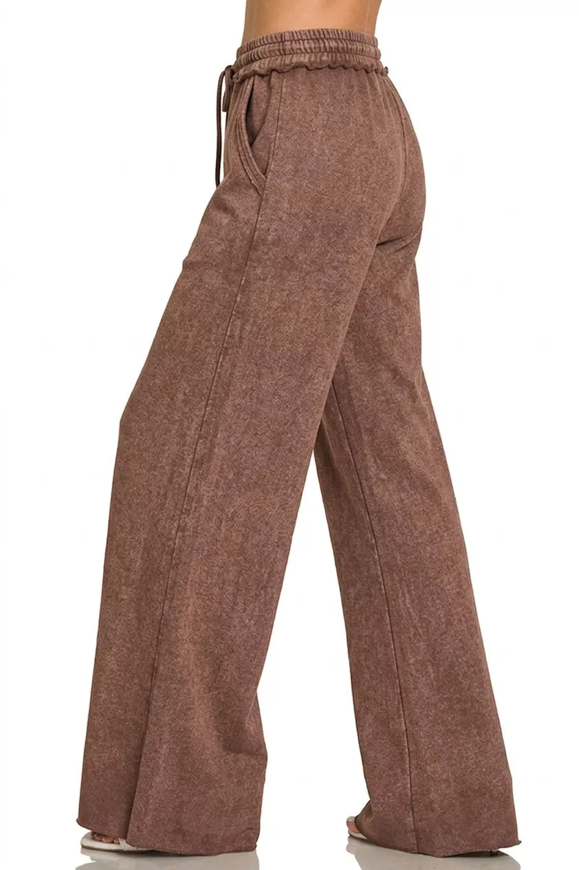 Zenana Exposed Seam French Terry Wide Leg Sweatpants in Brown