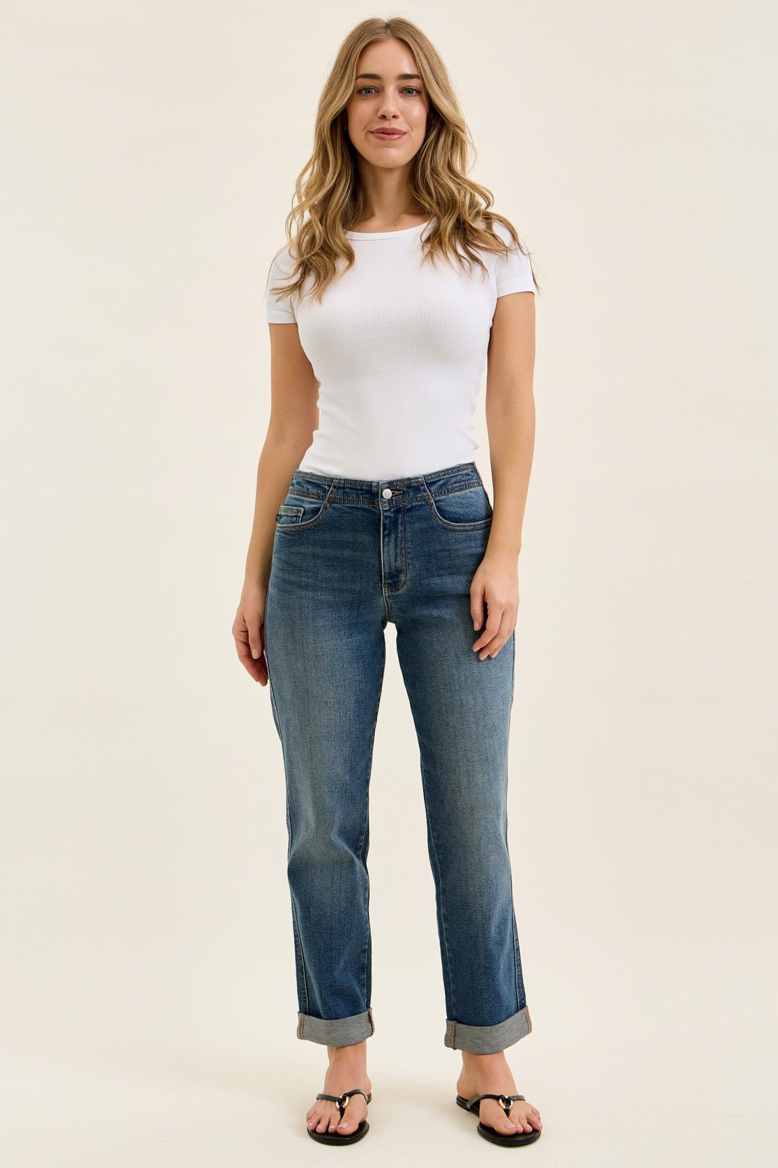 Judy Blue Mid Rise Boyfriend Jeans with Adjustable Back Tab 82731