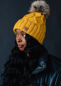 Mustard Cable Knit Fleece Lined Hat