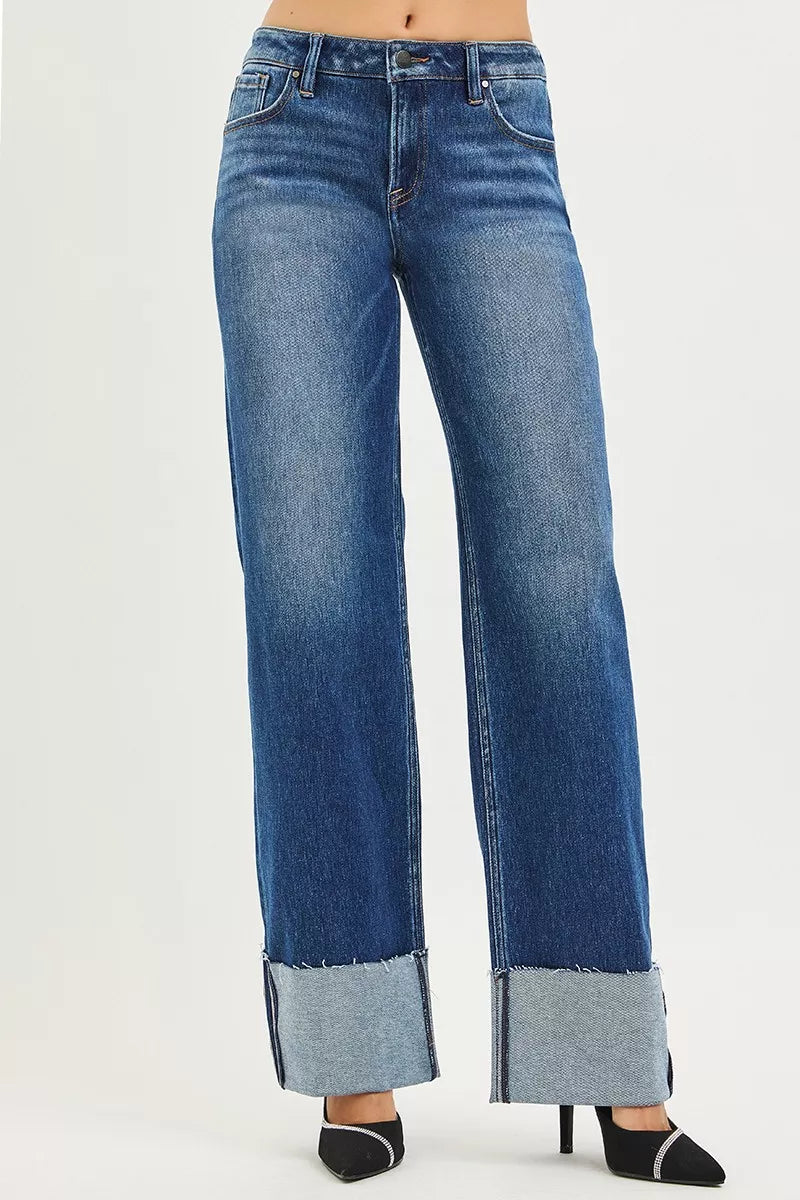 Risen Mid Rise Straight Wide Cuff Jeans