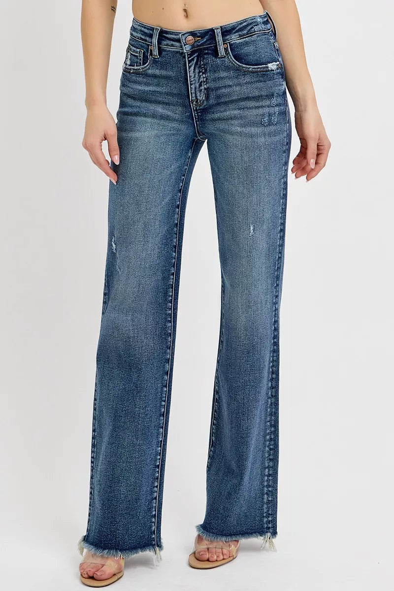 Risen High Rise Dark Wash Long Straight Jeans