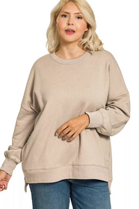 Zenana Fleece Hi-Low Boyfriend Sweatshirt with Pockets - Ash Mocha
