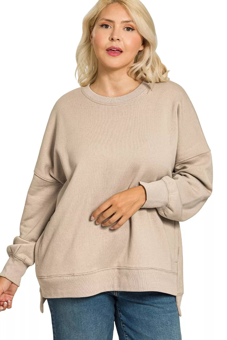 Zenana Fleece Hi-Low Boyfriend Sweatshirt with Pockets - Ash Mocha