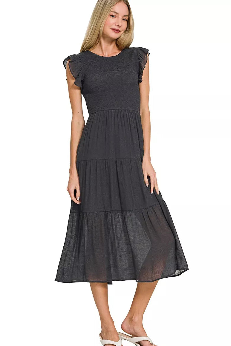 Woven Smocked Ruffle Sleeve Midi Dress in Black
