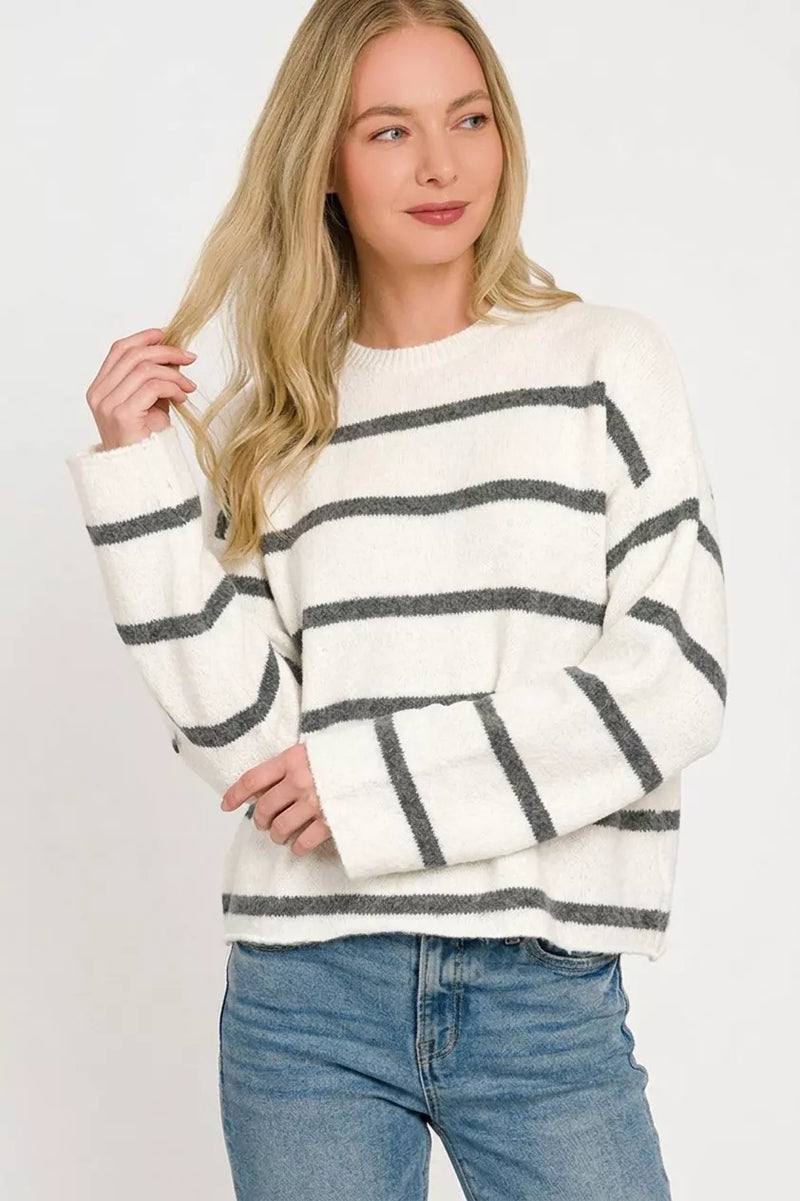 Zenana Striped Sweater in Charcoal