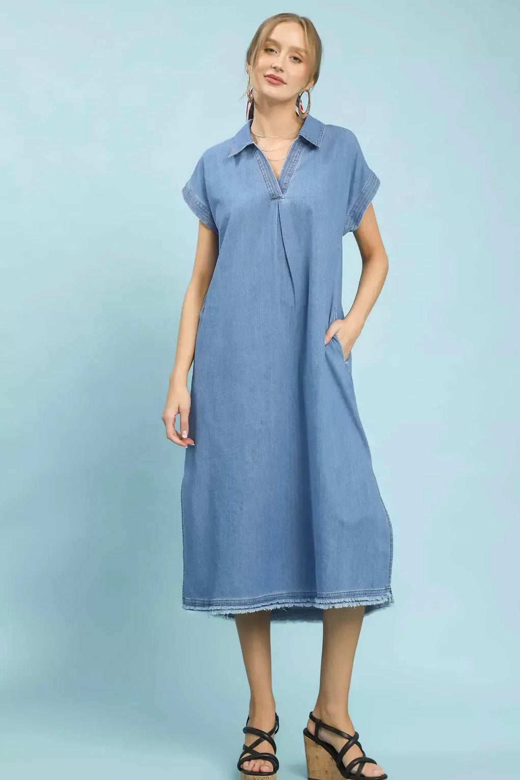 Umgee Stone Washed Collared Denim Midi Dress - Light Denim