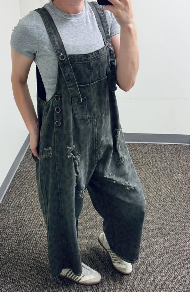 Animal Print Washed Denim Overalls