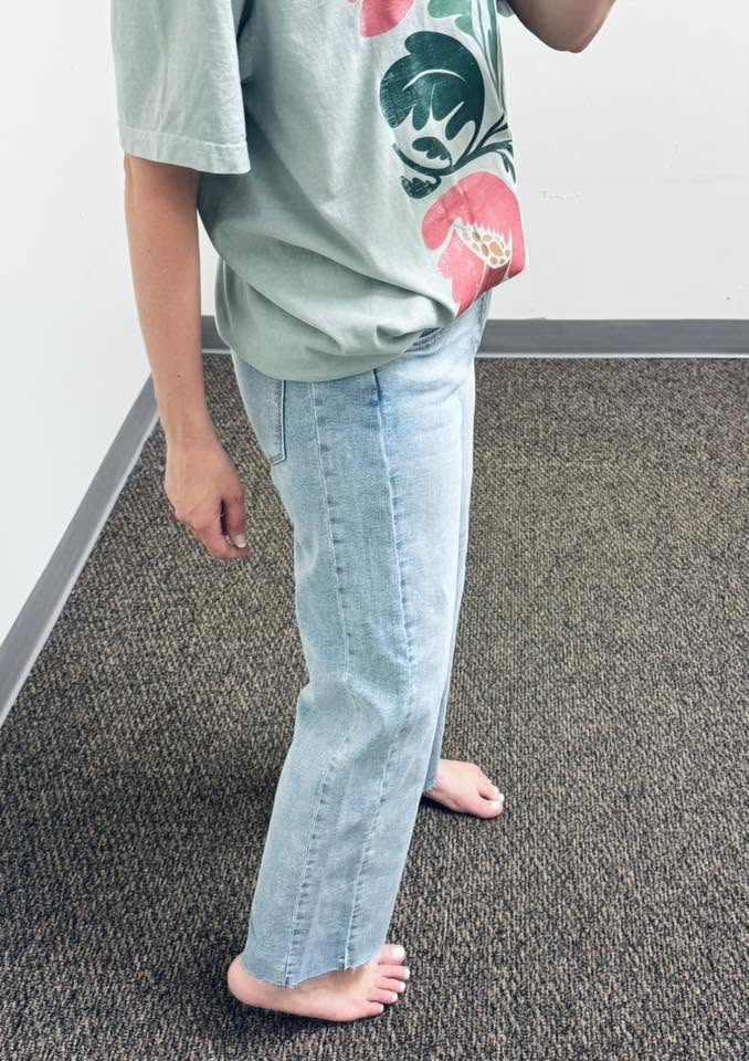 Risen Mid Rise Light Wash Cropped Straight Jeans