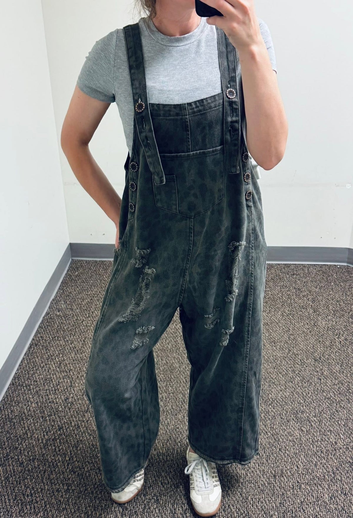 Animal Print Washed Denim Overalls