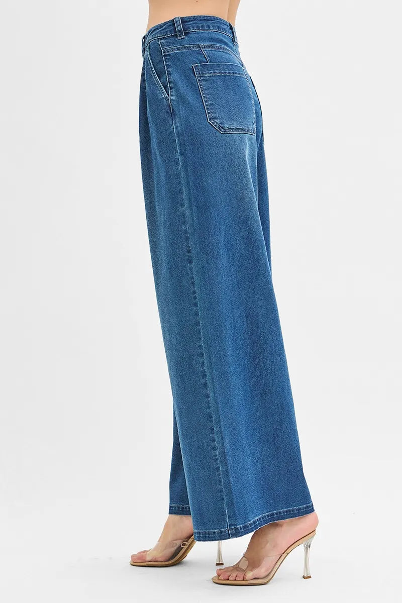Risen High Rise Wide Leg Knit Denim Pants