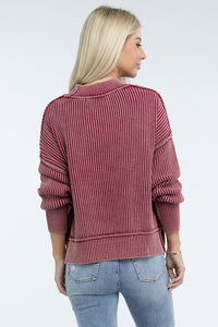 Ribbed Exposed Seam Round Neck Dropped Shoulder Sweater