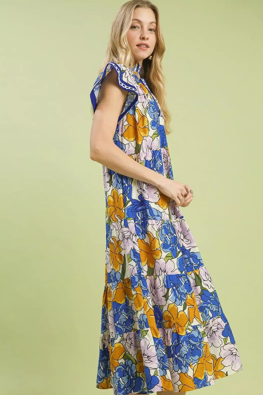 Umgee Blue Floral Tiered Midi Dress