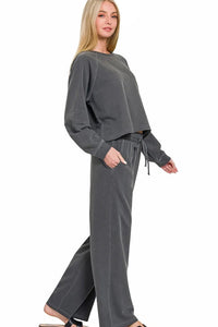 Zenana Washed French Terry Pullover & Pants Set in Black