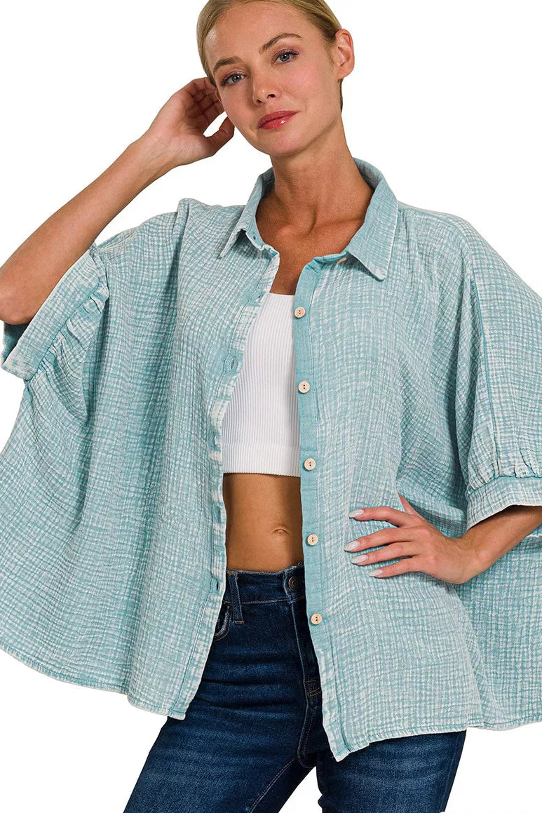 Washed Double Gauze Button Down Shirt in Dusty Teal