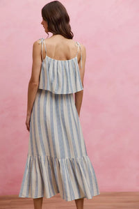 So Me Nautical Stripe Tiered Shoulder Tie Midi Dress