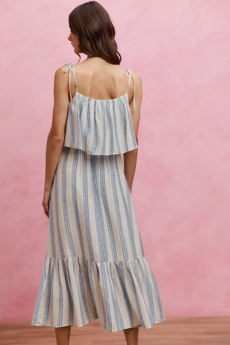 So Me Nautical Stripe Tiered Shoulder Tie Midi Dress