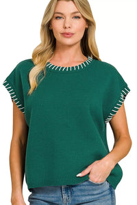 Zenana Contrast Stitch Detailed Sweater Knit Top in Hunter Green