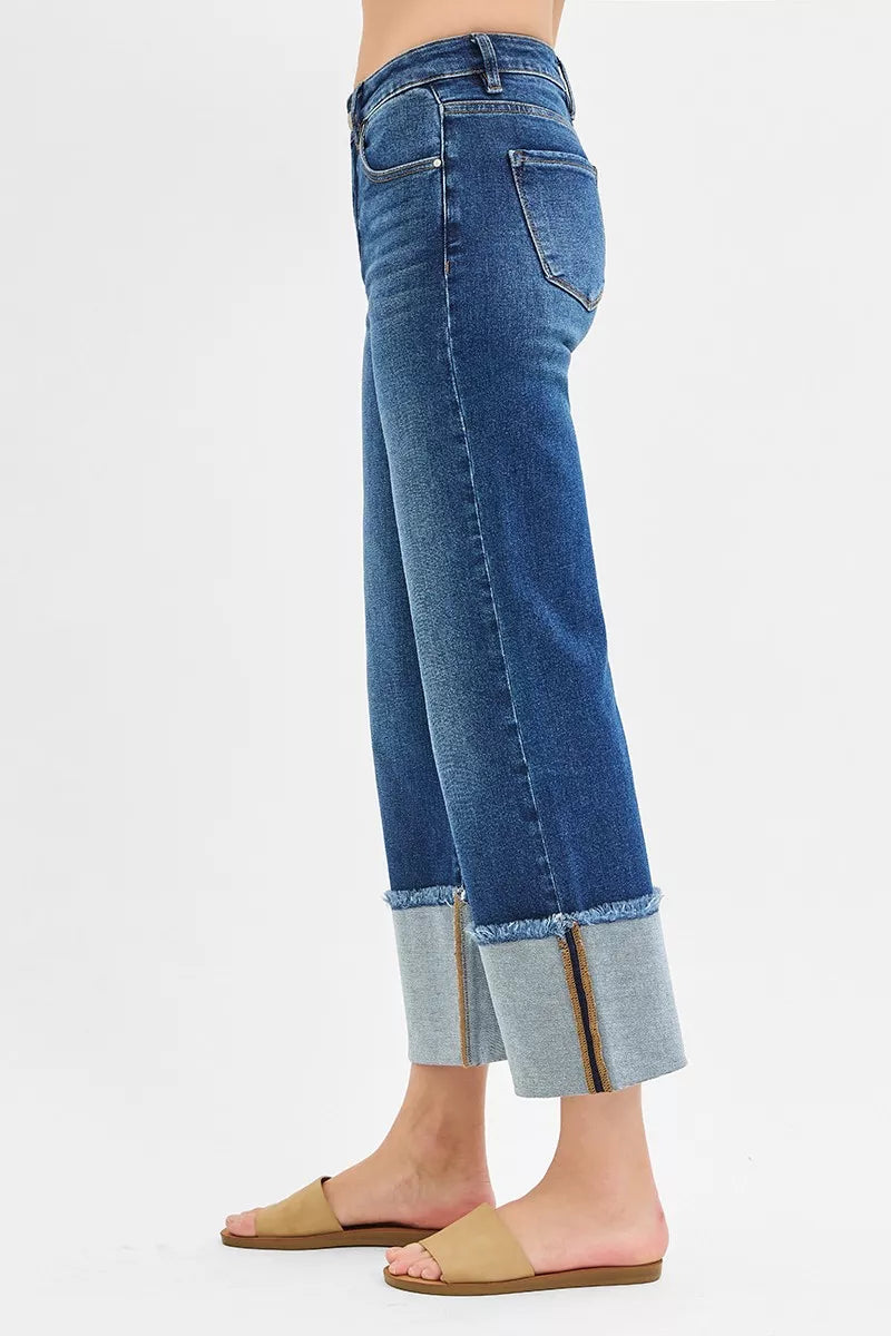 Risen Mid Rise Wide Leg Cuffed Jeans