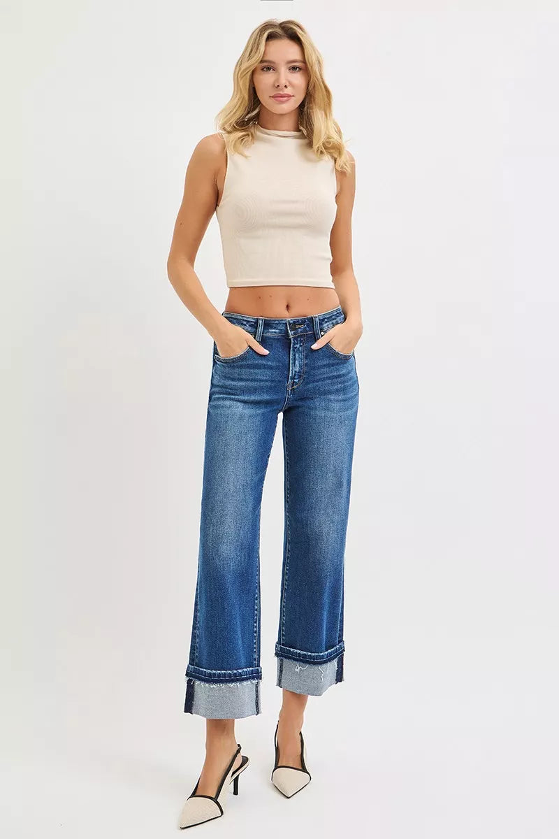 Risen Mid Rise Ankle Straight Cuffed Jeans