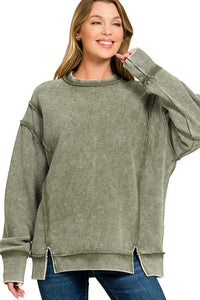 Acid Washed Double Ribbed Exposed Seam Sweatshirt in Dark Olive