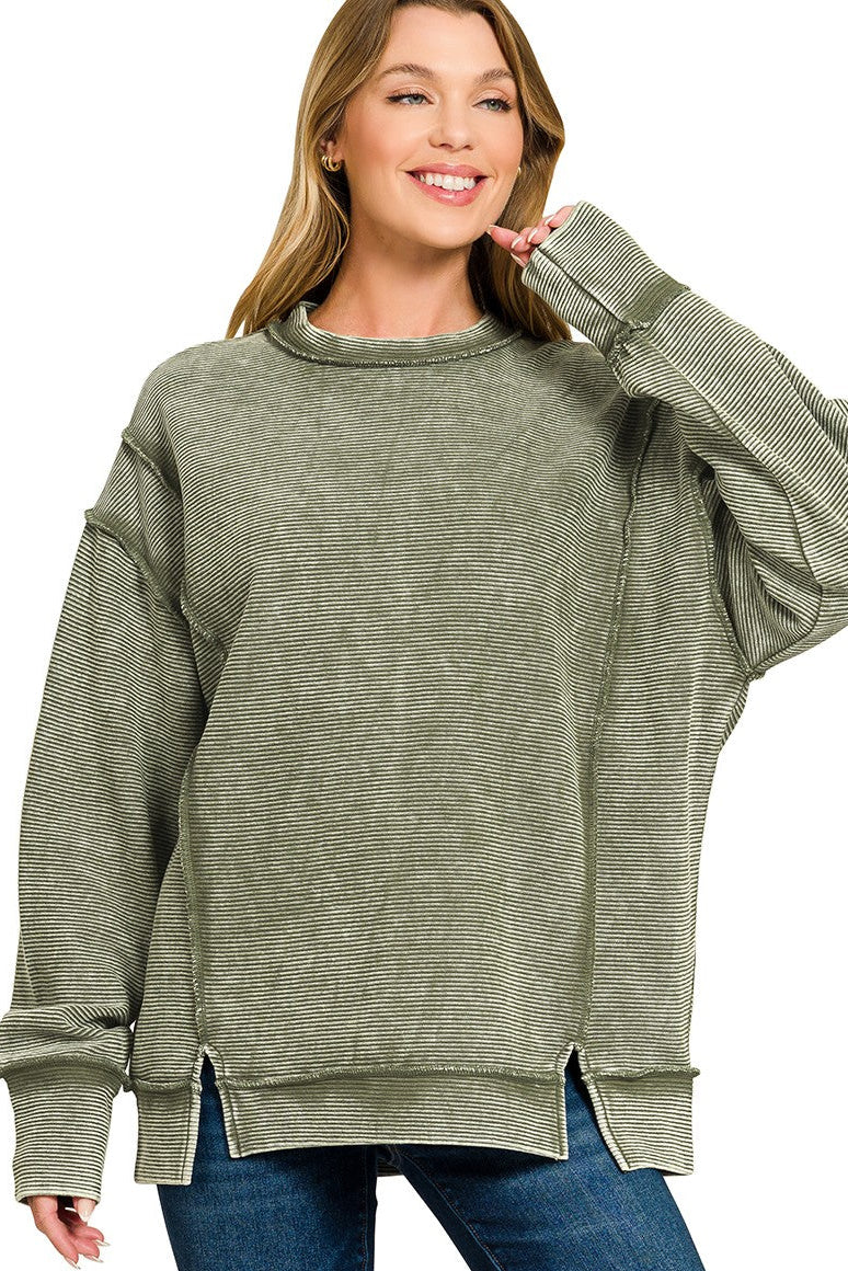 Acid Washed Double Ribbed Exposed Seam Sweatshirt in Dark Olive