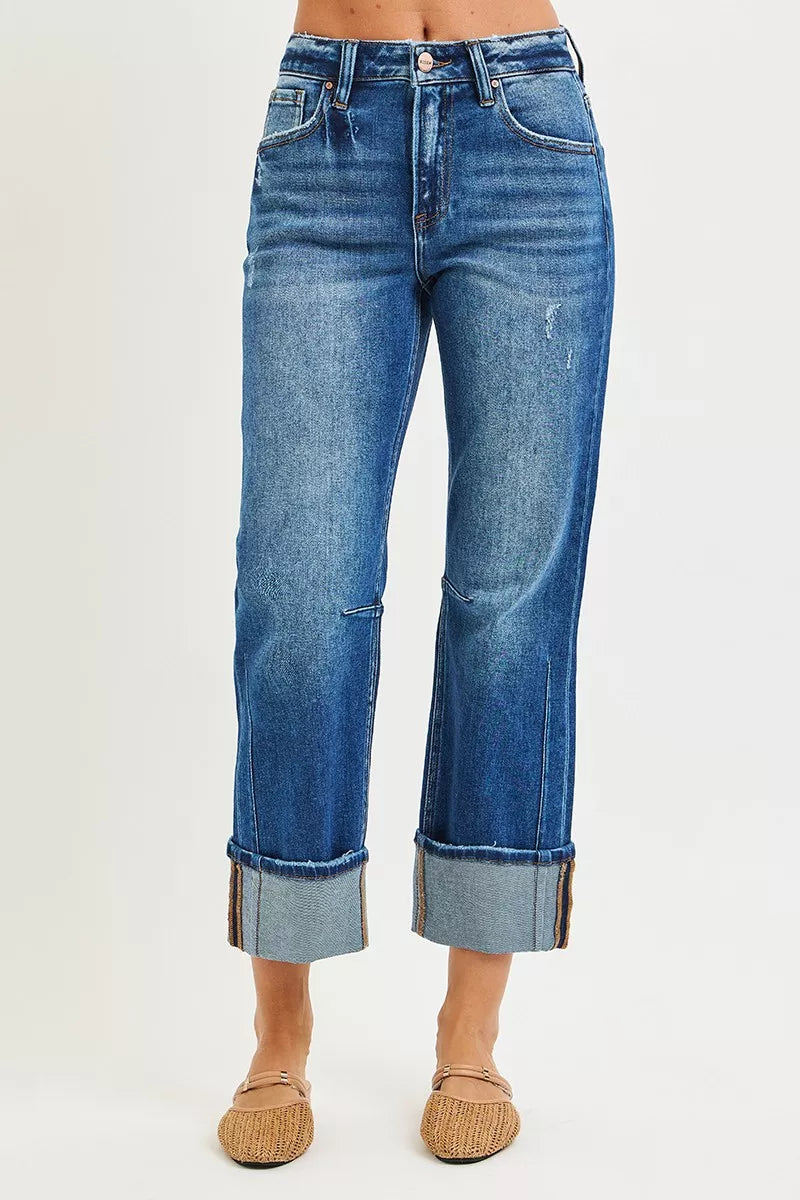 Risen High Rise Straight Cuffed Seam Detail Jeans 