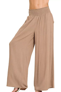 Zenana Smocked Waistband Wide Leg Pants in Cocoa