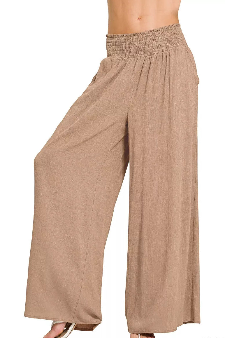 Zenana Smocked Waistband Wide Leg Pants in Cocoa